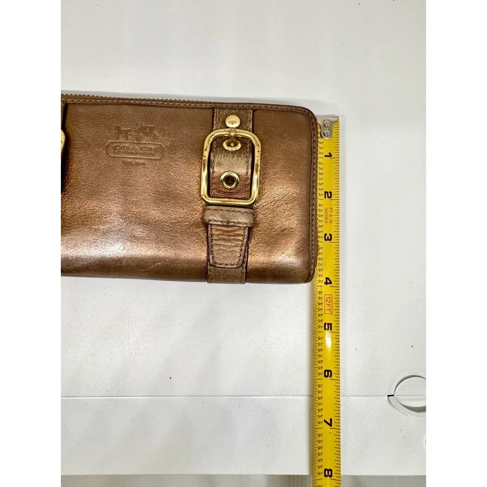 Coach Metallic Bronze Leather Zip Around Buckle Wallet Vintage Y2K Brass Logo